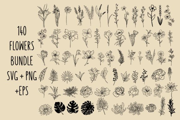 140 Flowers Svg Bundle Outline Clipart