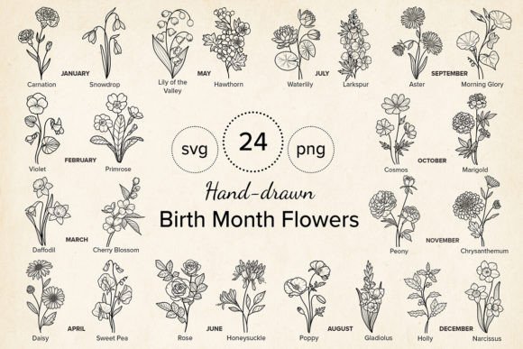 24 Hand-drawn Birth Month Flowers Bundle