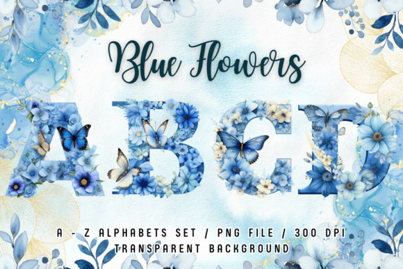 Blue Flowers Butterfly Alphabet Clipart