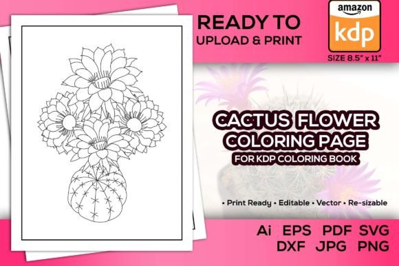 Cactus Flower Coloring Pages Book KDP Graphics