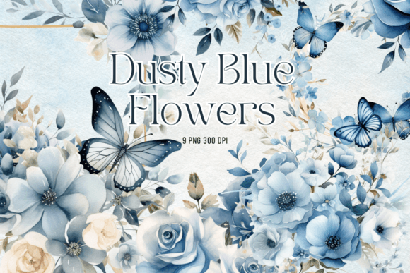 Dusty Blue Flowers Watercolor Clipart