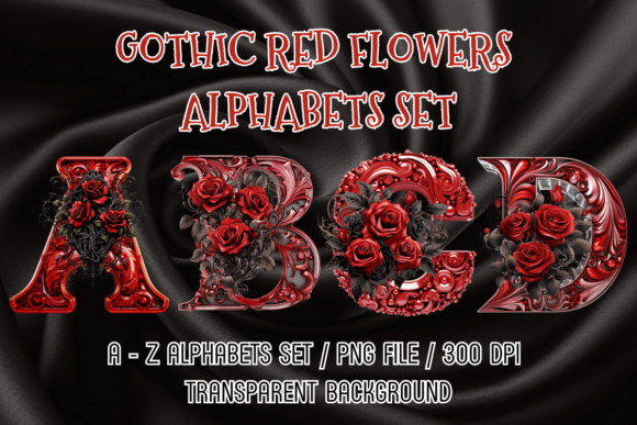 Metallic Red Flowers Alphabets: Graphics for Creative Design