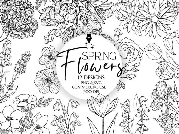 Spring Flowers Outline Clipart Png SVG