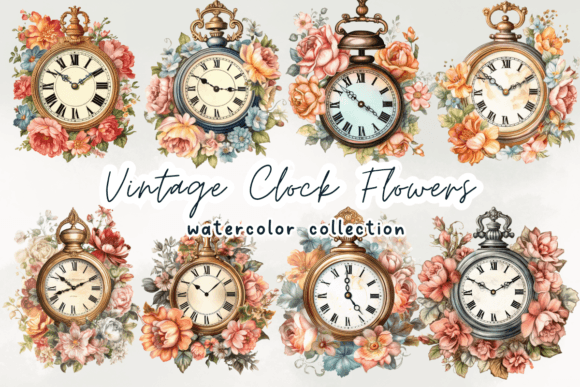 Vintage Clock Flowers Watercolor Clipart: Graphics with Timeless Appeal