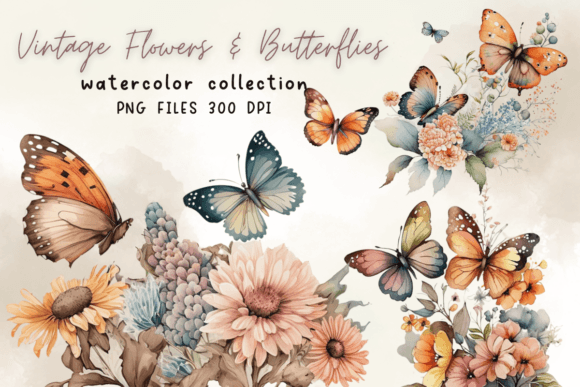 Vintage Flowers Butterflies Watercolor Graphics