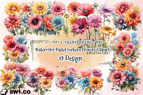 Watercolor Pastel Gerbera Flowers Graphics