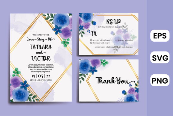 Wedding Invitation Blue Rose Flower Graphics and Print Templates