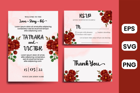 Wedding Invitation Template Peony Flower: Graphics & Print Templates