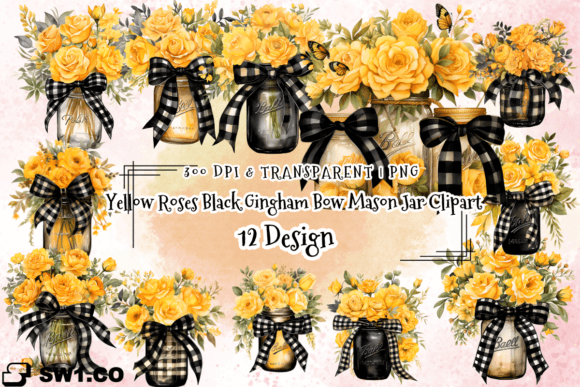 Yellow Roses Black Gingham Bow Mason Jar Graphics
